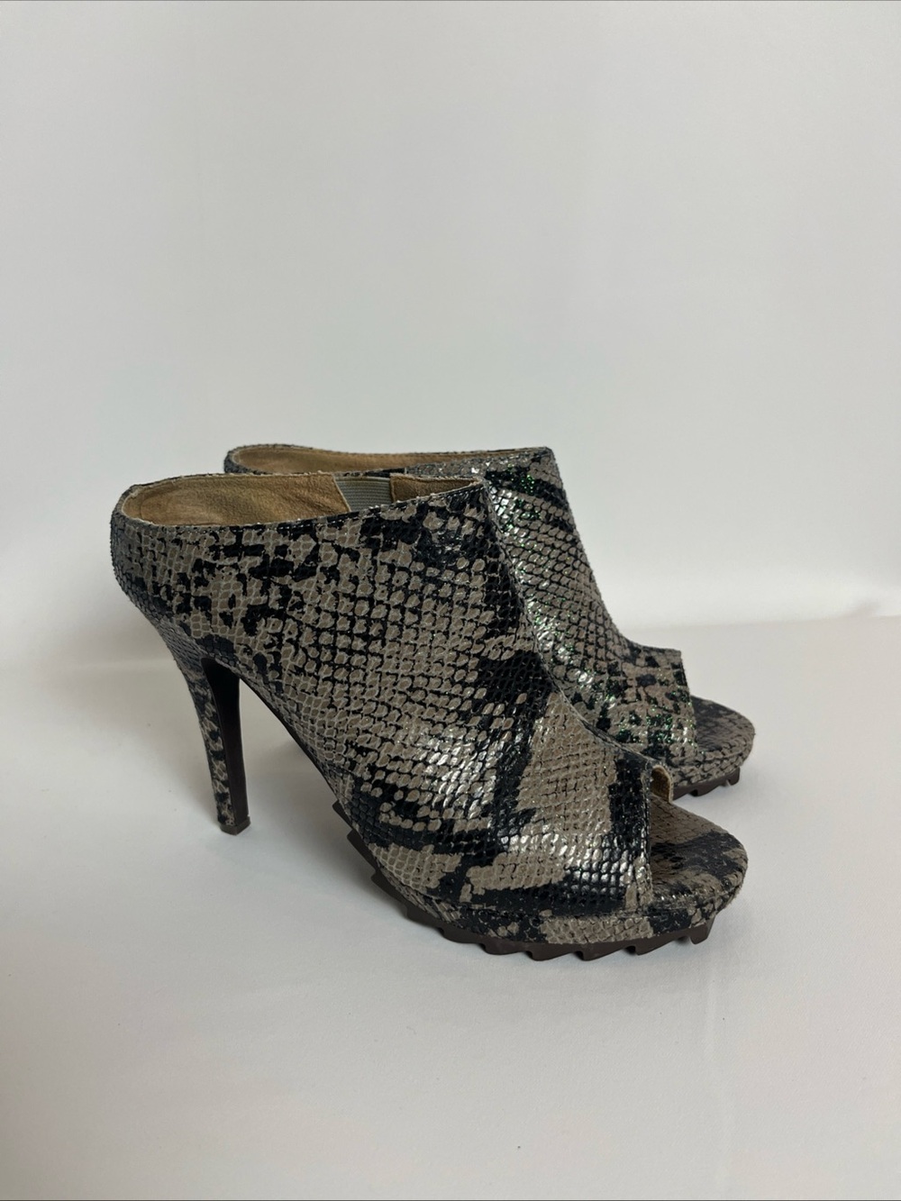 Jeffrey Campbell TAHTI California Fang Open Toe Stiletto Mule Heel Snake Print